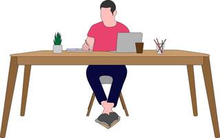 A young professional men working in front of laptop and write something in his company report vector style illustration.