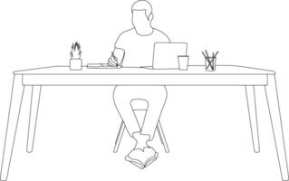 A young professional men working in front of laptop and write something in his company report line drawing style illustration. vector