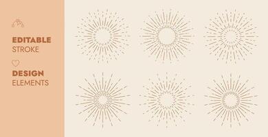 Geometric Sun Rays, Sunburst Rays Set, Round decorative element. Editable Stroke Vector Illustration