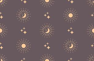 Seamless Pattern Moon Sun Rays Stars, Decorative Magic Background, Vector Illustration