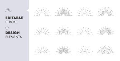 Set of light rays, Sunburst rays thin line art. Editable Stroke Vector Illustration