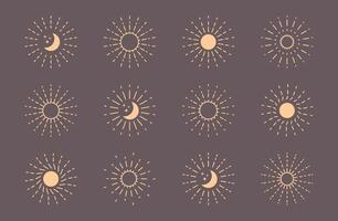 Sun Moon Rays Decorative Frames, Sunburst Rays Design Elements, Thin Line Art Vector Illustration