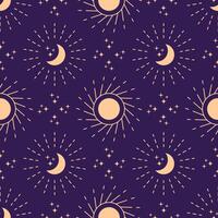 Seamless Pattern Moon Sun Rays Stars, Magic Background Vector Illustration