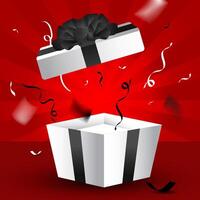 The box opens, releasing an explosion of confetti. red background vector