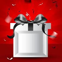 The box opens, releasing an explosion of confetti. red background vector