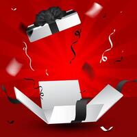 The box opens, releasing an explosion of confetti. red background vector