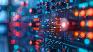 AI generated Abstract view of illuminated circuit boards and data servers with glowing LED lights in a high-tech server room. photo