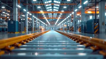 AI generated Perspective view of an empty automated conveyor belt in a large modern manufacturing factory with machinery. photo