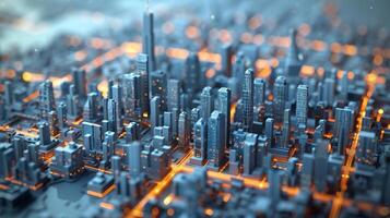 AI generated A high-detail miniature city model glows with dynamic orange and blue lighting, creating a futuristic urban atmosphere. photo