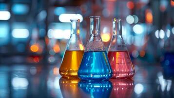 AI generated Vibrant chemical solutions in laboratory glassware on a reflective surface with a blurred background, indicating chemical analysis and research. photo