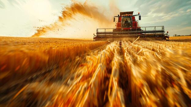 AI generated Action shot of a combine harvester kicking up chaff as it gathers wheat in a sun-drenched field, showcasing the energy of harvest time. photo