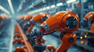 AI generated An orange robotic arm in an industrial automation assembly line, highlighting advanced manufacturing technology. photo