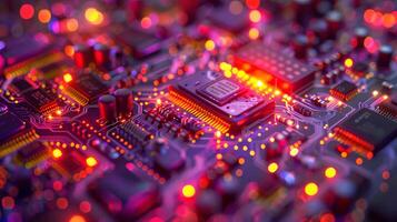 AI generated A close-up of a vibrant circuit board with illuminated electronic components, depicting advanced technology and computing. photo