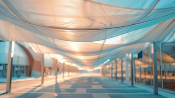 AI generated Soft light filters through an ethereal fabric canopy suspended in a modern corridor, creating a tranquil and inviting atmosphere. photo