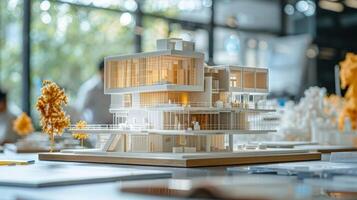 ai generado un detallado arquitectónico escala modelo representando un moderno edificio, exhibiendo intrincado diseño y urbano planificación. foto