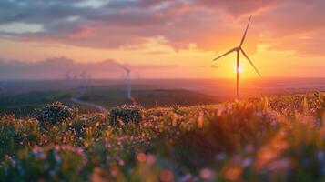 AI generated Wind turbines dominate the horizon at golden hour, with the setting sun casting a warm glow over a blooming wildflower field. photo