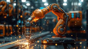 AI generated A robotic arm conducts precision welding, with sparks illuminating a modern factory setting, showcasing industrial efficiency and automation. photo