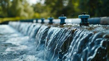 AI generated Water cascades over the barriers in a water treatment plant during the aeration process, essential for water purification. photo