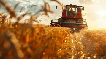 AI generated A combine harvester cuts through a wheat field at sunset, with golden light filtering through the dust and crops. photo