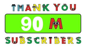 Thank you 90 million subscribers social sites post. Thank you followers congratulation cartoon alphabet animation video. video