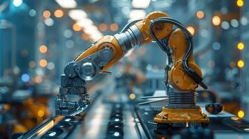 AI generated A modern robotic arm operates with precision on a production line in a smart factory environment, showcasing industrial automation. photo