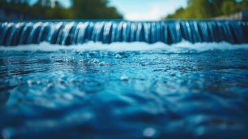 AI generated Close-up view of sunlit water shimmering as it flows over a city weir, capturing the tranquility of urban water features. photo