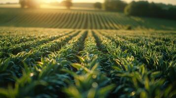 AI generated Early morning sunlight bathes rows of lush green crops in a vast agricultural field, highlighting sustainable farming practices. photo