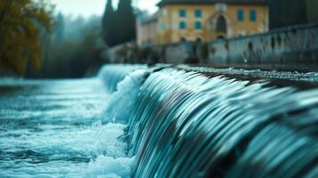AI generated A serene view of water streaming smoothly over a weir in an old town setting, blending nature with historical architecture. photo