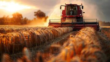 ai generado el noche Dom yesos un calentar resplandor en un combinar segador siega trigo en el campos, destacando el polvo y detalle de el cosecha. foto