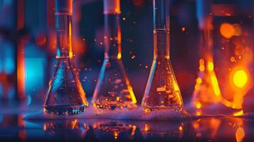 AI generated Laboratory glassware with bubbling chemical solutions emitting a warm, orange glow, suggesting scientific research and experiments. photo