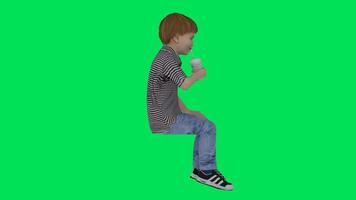 A funny boy in elementary school eating coffee and shaking his legs in a sitting video