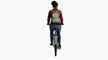 A young girl riding a bicycle from the back on a white screen video