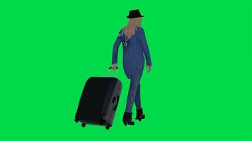 un turista mujer caminando con un maleta en su mano en el calle desde un video