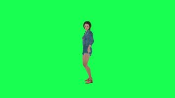 3d ribelle ragazza nel jeans tiro pistola davanti angolo verde schermo video