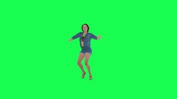 3d animato ragazza nel jeans danza idiota davanti angolo verde schermo video