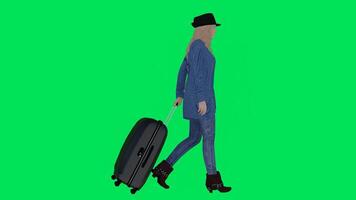 A female guest walking with a suitcase in her hand from a side angle video