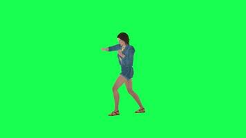 3d animated girl in jeans punching right angle green screen video