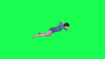 3D animated girl in jeans falling from height left angle green screen video