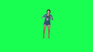 3d animerad flicka i jeans upptäckt något främre vinkel grön skärm video