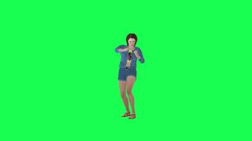 3d animado niña en pantalones luchando frente ángulo verde pantalla video