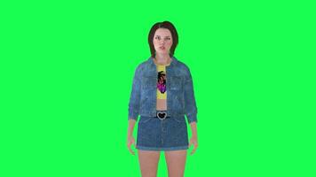 3D animated woman in jeans talking front angle green screen video