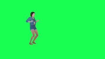 3d animado menina dentro jeans achando alguma coisa esquerda ângulo verde tela video