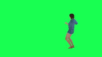 3D animated girl in jeans finding something right angle green screen video