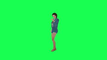 3D girl in jeans looking at her hands and feet right angle green screen video