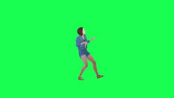 3D artist girl in jeans playing guitar left angle green screen video