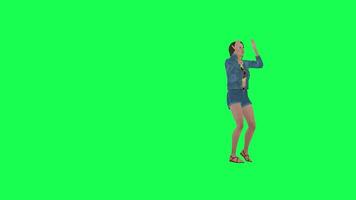 3d animado niña en pantalones corriendo cansado izquierda ángulo verde pantalla video