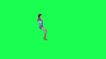 3d animated girl in jeans landing from the sky left angle green screen video