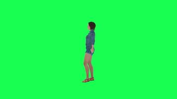 3d linda niña en pantalones sorprendido Derecha ángulo verde pantalla video