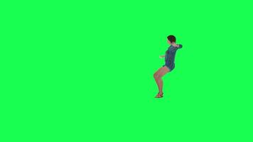 3d animated girl in jeans landing from the sky right angle green screen video