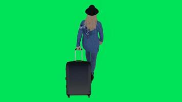 Woman traveler walking with luggage in hand from back angle video